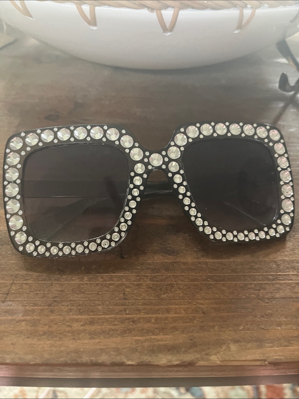 Black Oversized Square Sunglasses with Crystal Accents